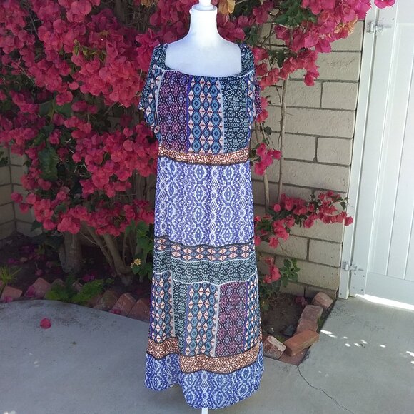 Chico's Womens Dress Maxi Long Blue Size L Print Boho Off the Shoulder Casual - Picture 2 of 7